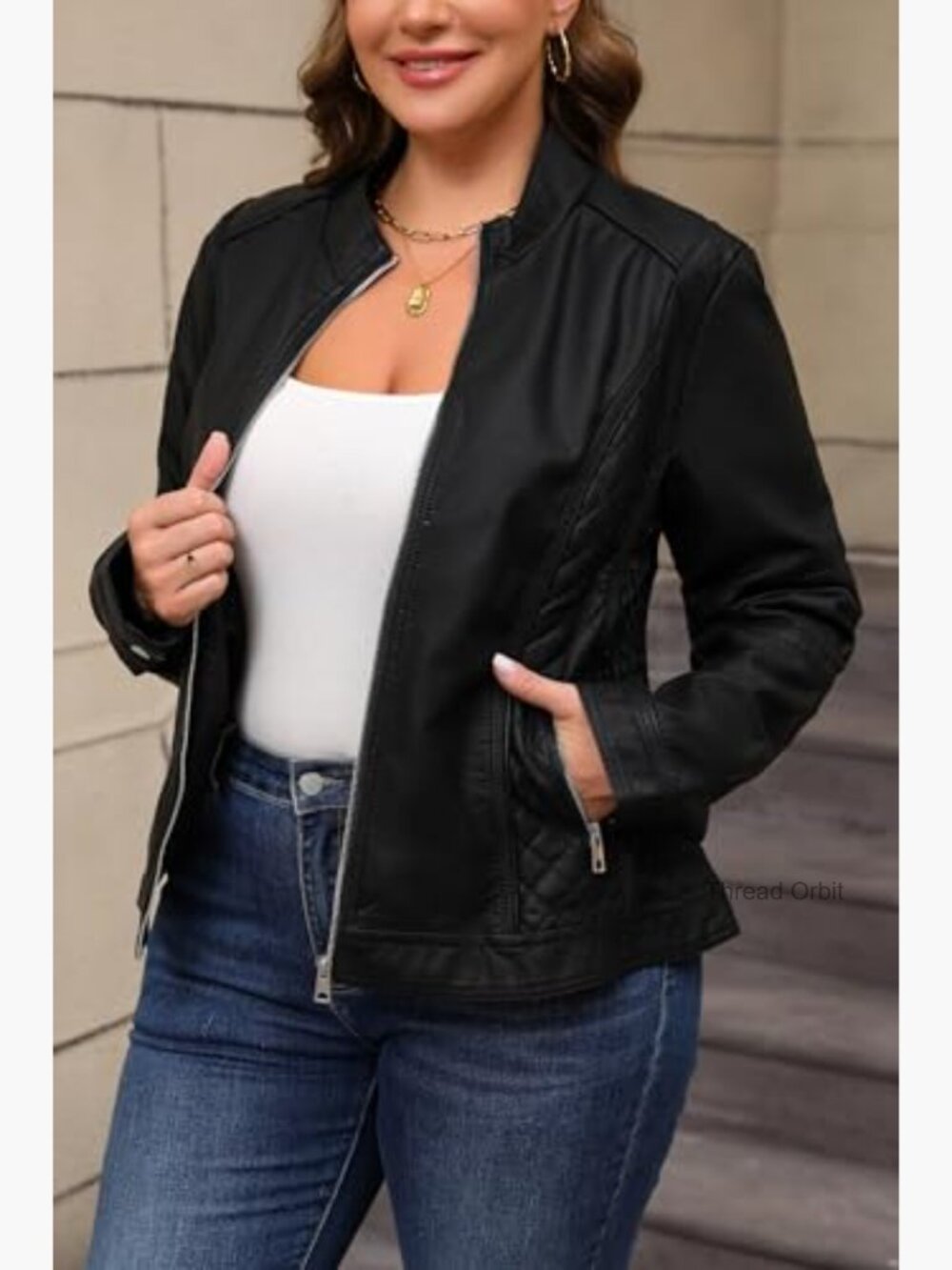 Faux Leather Moto Jacket with Stand Collar Zipper Pockets - Picture 6 of 7